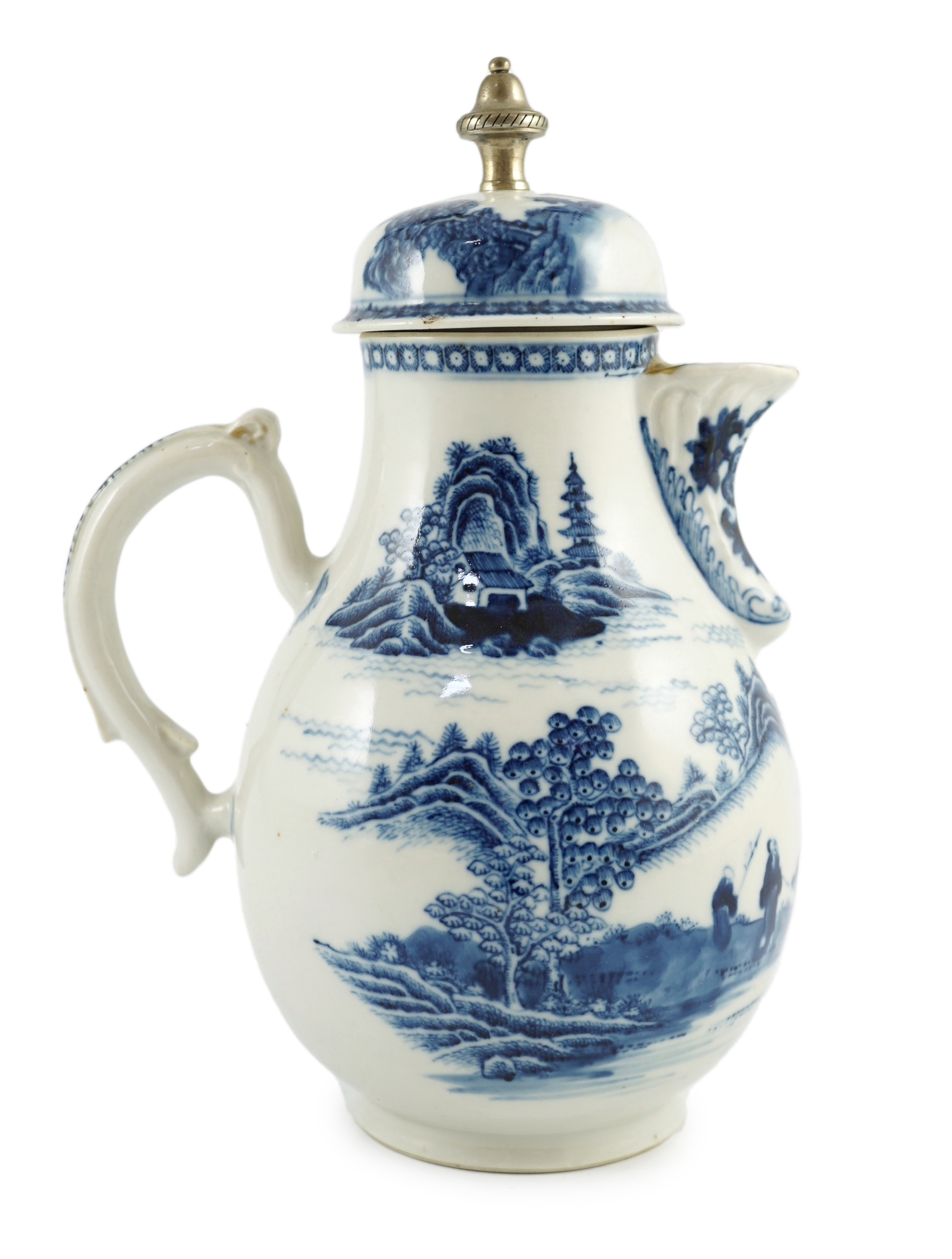 A Chinese blue and white jug and cover, Qianlong period, later metal finial